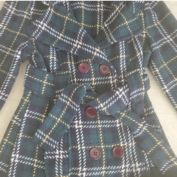 Checkered Forest Green Wool Polyester Fall Autumn Waist Tie Pea Coat Jacket - Picture 4 of 6